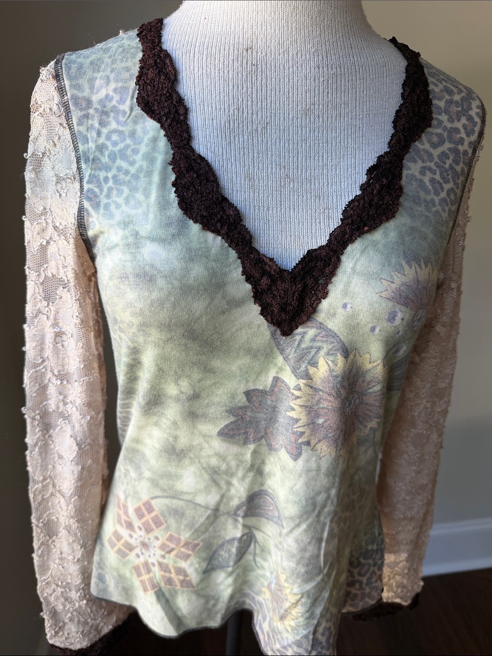 Casadei Green Floral V-Neck Top with Brown Crochet Trim and Beige Lace Sleeves